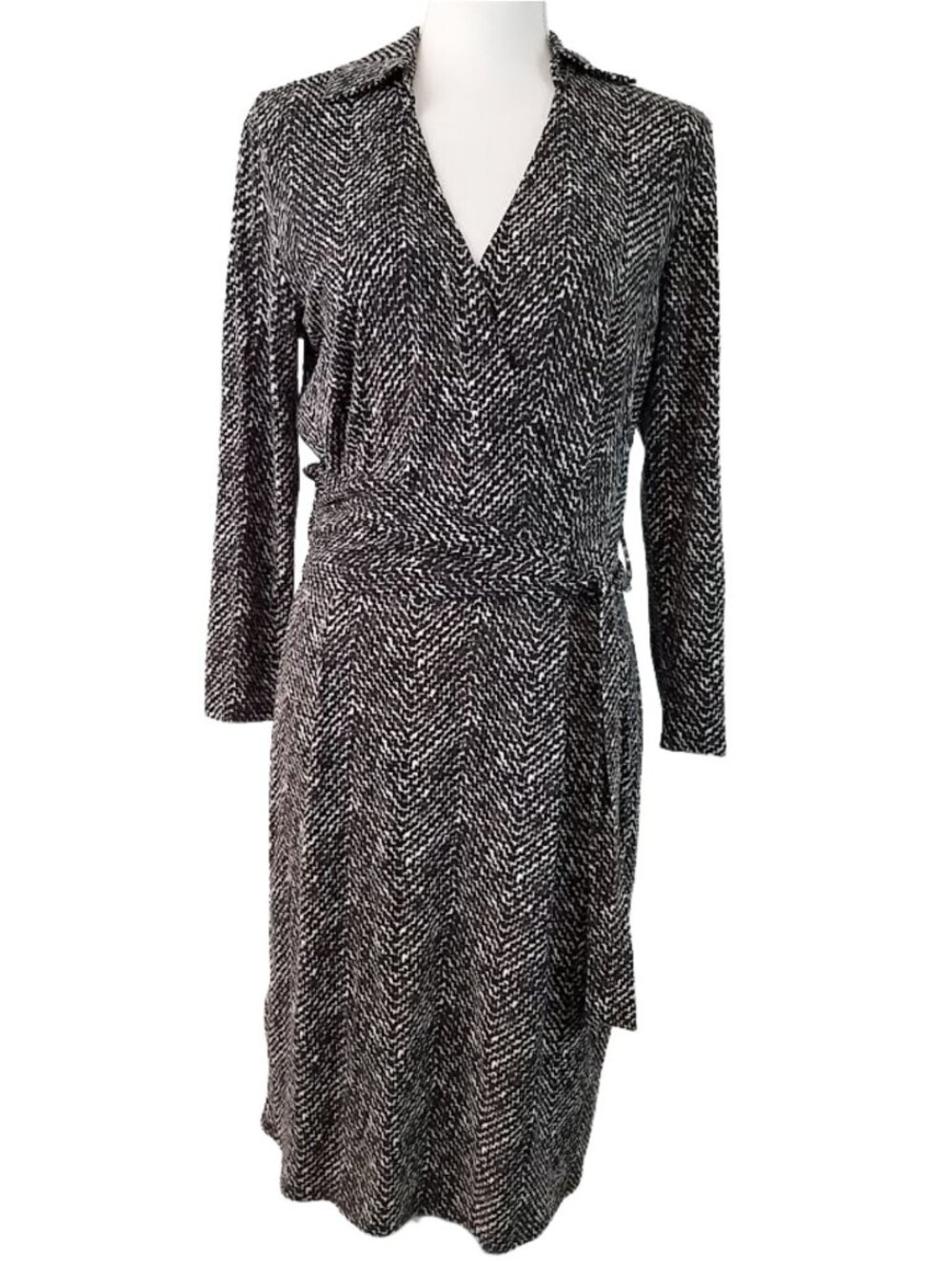 ANN TAYLOR Black White & Gray V-Neck Tie Waist Dress Women's Size 6